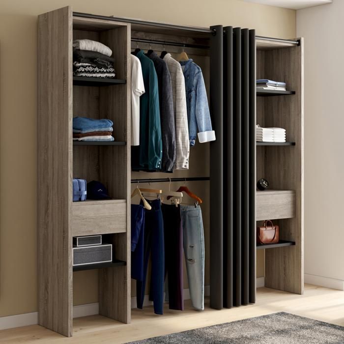 IDMARKET Dressing extensible double MERYL 120/180 x 50 x 180 cm hêtre avec étagères hêtre + double penderie + rideau noir