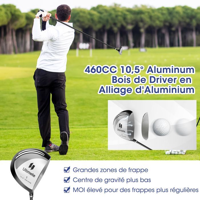 Juego de palos de golf COSTWAY de 9 piezas para hombre diestro: Driver de aleación de aluminio, 3 fundas para palos de calle e híbridos, 5 hierros y putter (gris).