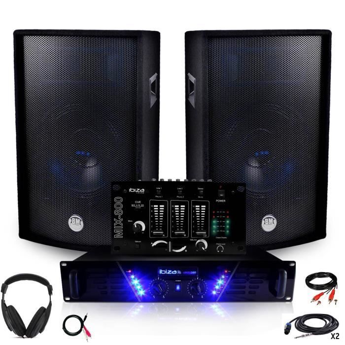 PA-systempakke: AMP-300 forsterker + BMS-12 2x600W høyttalere, mikser + hodetelefoner