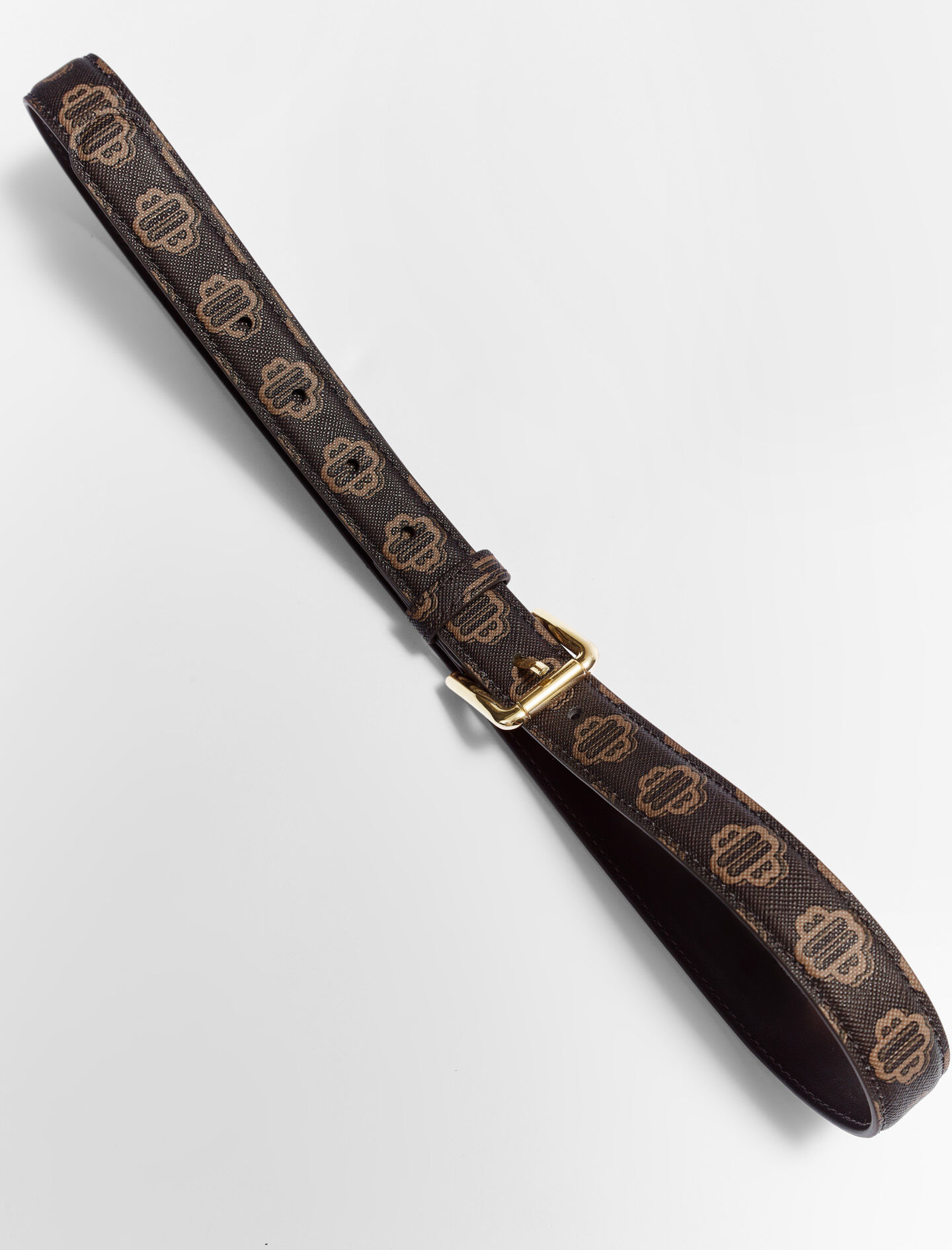 Riem van gecoat canvas met klaverprint - bruin
