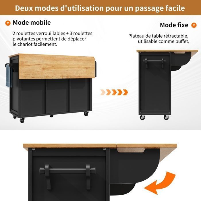 Îlot de cuisine avec plateau rabattable 120 x 45 (73) x 92 cm, desserte de cuisine avec casier à vin, 2 tiroirs, 2 portes - Noir