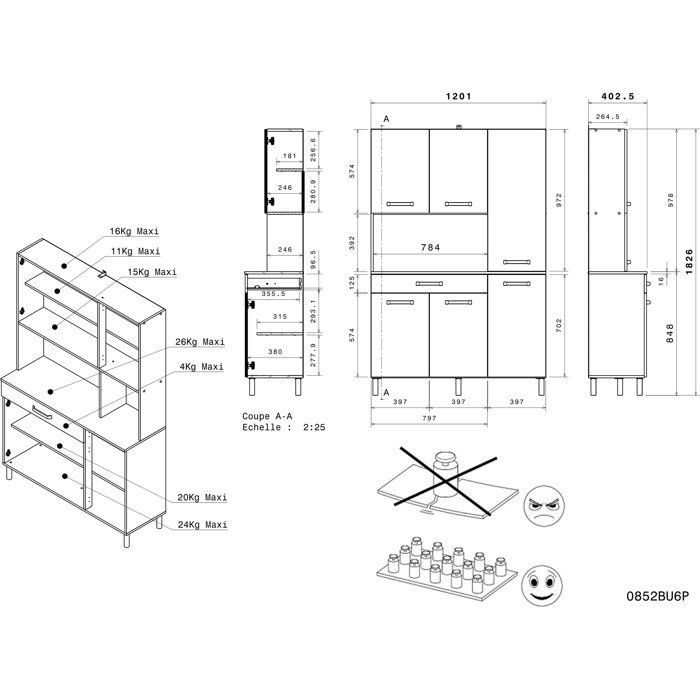Buffet de cuisine - ESSENTIEL 2 - 120,1 x 40,3 x 182,6 cm - Blanc / Chêne - PARISOT
