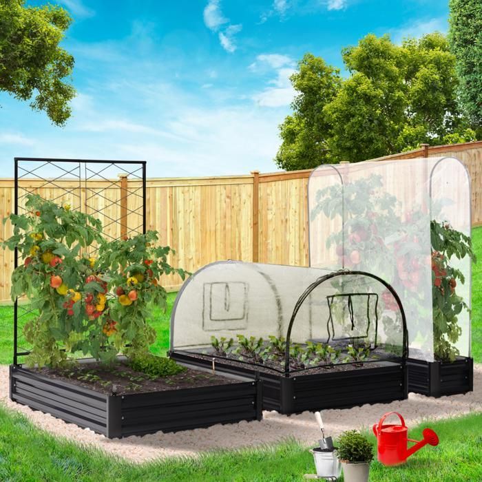 IDMARKET Kit complet 3 bacs métal modulables carrés potager et serre à tomates + treillis + housse