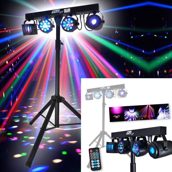 KIT SONO COMPLET 2400W DJ BM SONIC, 4 Enceintes satellites, 2x MEGA SUB 38cm USB/Bluetooth, Câbles, Micros, 2 PORTIQUES LUMIERES