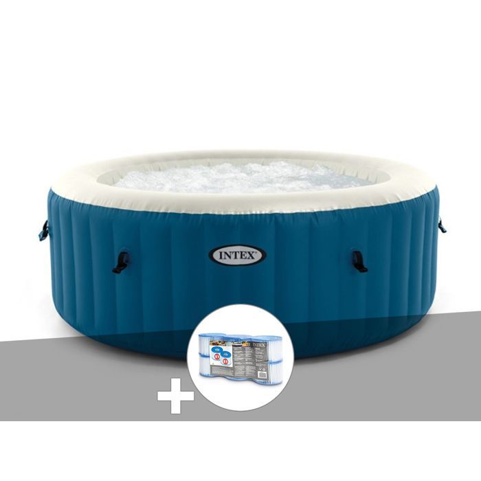 Kit de jacuzzi inflable redondo Intex PureSpa azul con burbujas, capacidad para 2/4 personas + 6 filtros