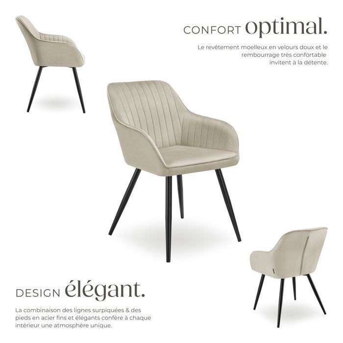 Stoelen - TECTAKE - Set van 2 MARYLIN eetkamerstoelen in fluweellook met zwarte stalen poten - Crème