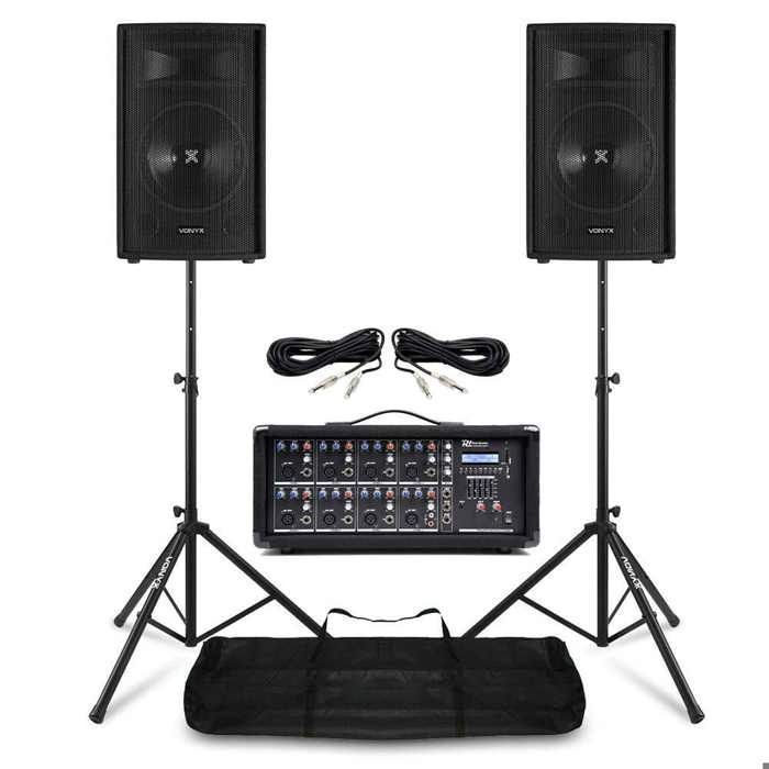 Sistema de PA completo Vonyx - Sistema de PA de 800 W com mesa de mixagem de 8 canais, 2 caixas de som PA de 8 polegadas e suportes ajustáveis.