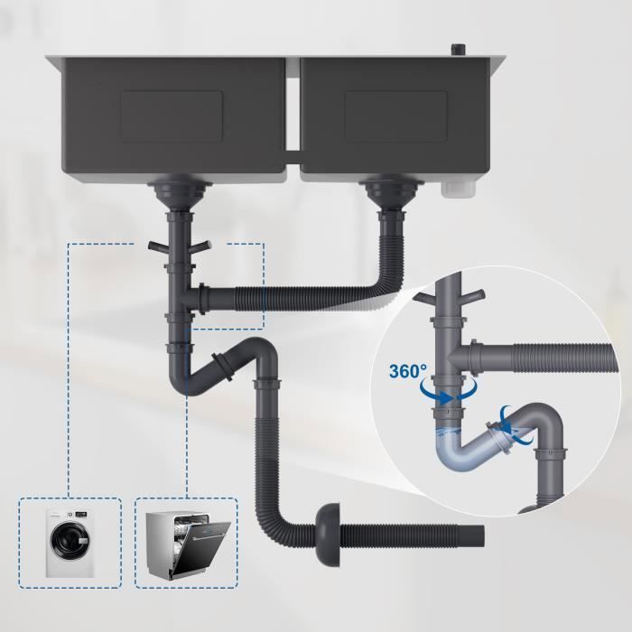 Évier 2 Bacs 75x45x19CM Évier en Inox 304 Évier Cuisine Noir avec Distributeur de savon et Ensemble de Drainage