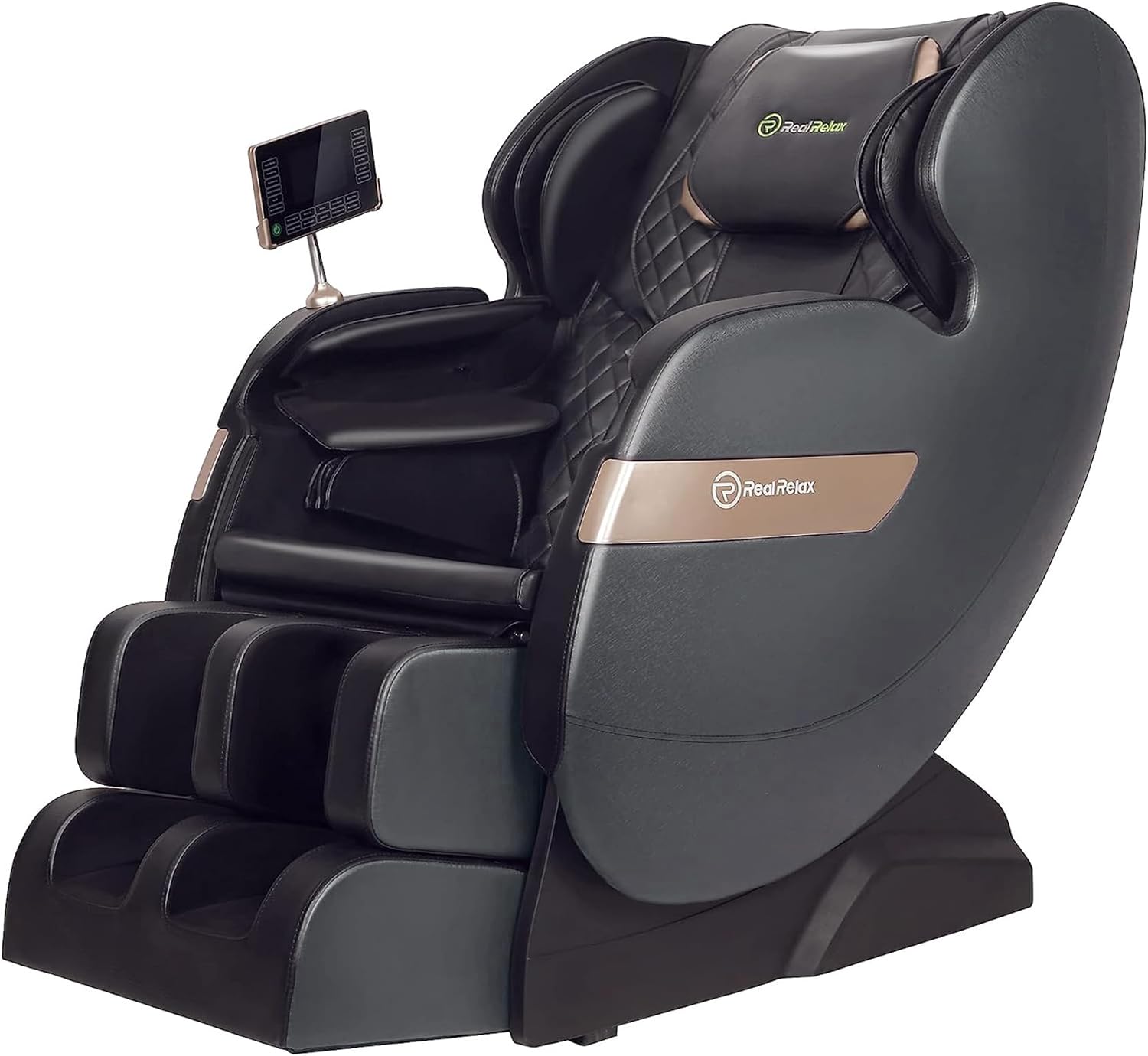 Real Relax 2024 Massagefåtölj med dubbelkärnigt S-spår, helkroppsmassagefåtölj med nollgravitation och app-kontroll, svart och grå