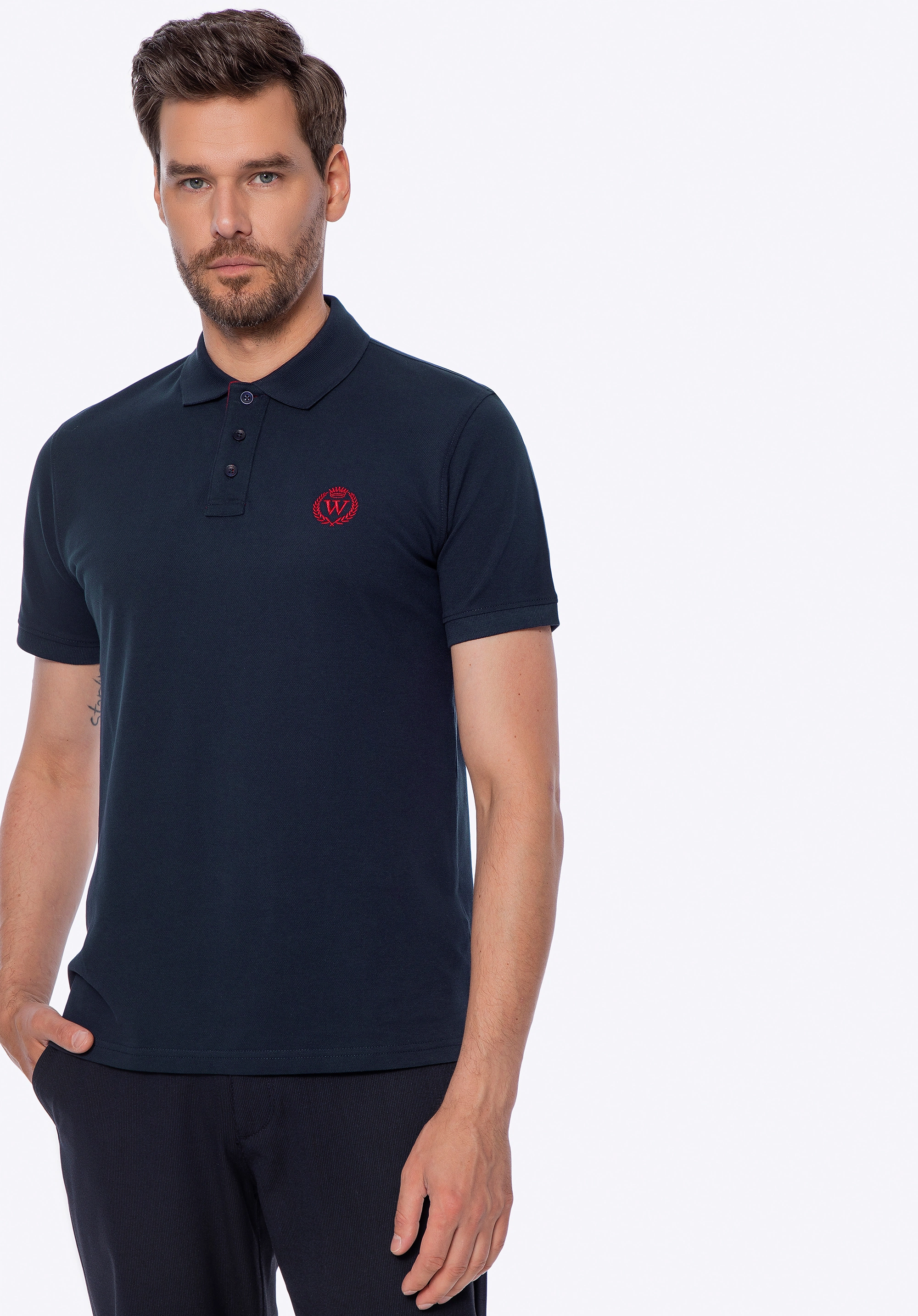 Koszulka polo męska bawełniana z kolorowym logo granatowa