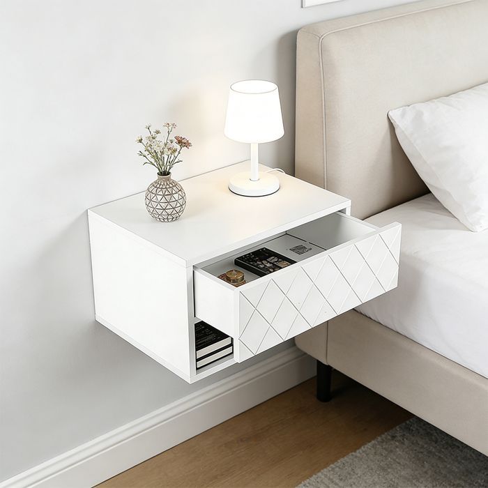 JEOBEST Modern Floating Bedside Table - Scandinavian Nightstand with Drawer - Shelves for Bedroom, Bathroom