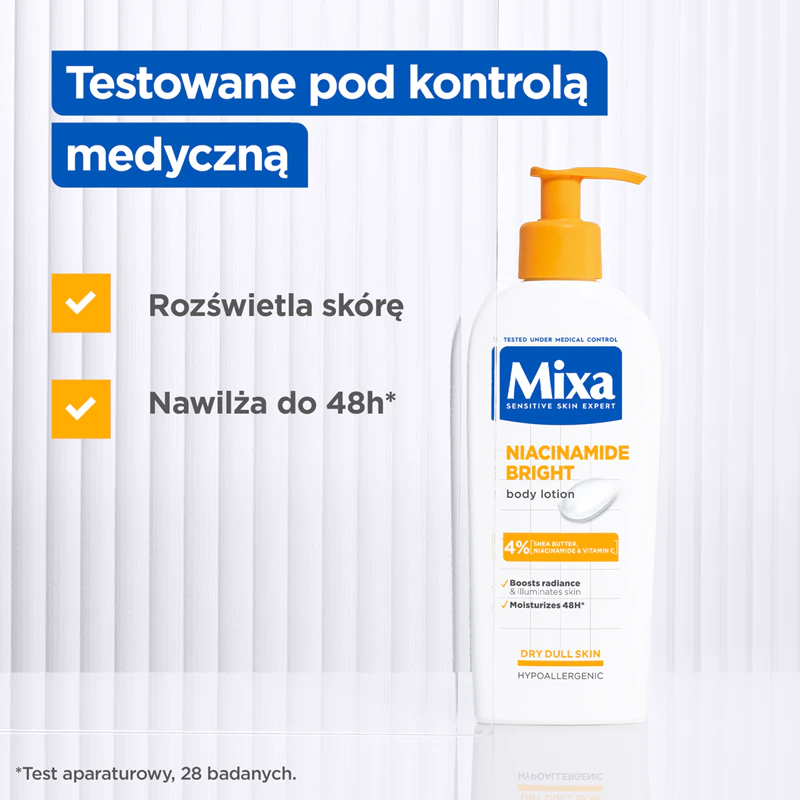 Loção Corporal Iluminadora Mixa Niacinamide Bright, leite hidratante e iluminador com niacinamida.
