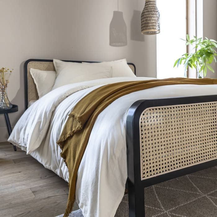 ANNA 160x200 Massief zwart grenenhouten volwassenenbed met echt rieten frame - LT17018 - Zwart - Terre de Nuit