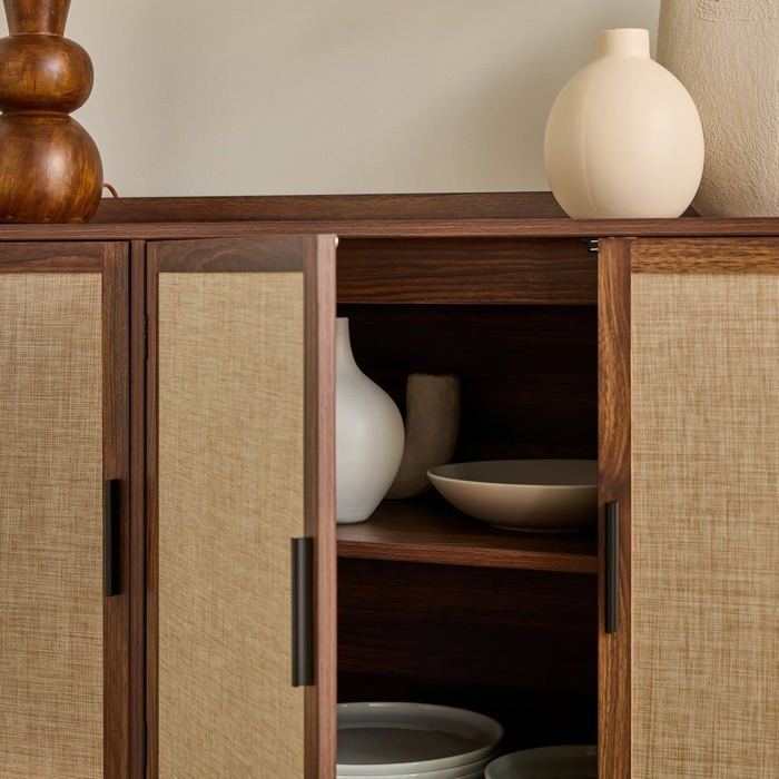 CALICOSY - 3-door sideboard in walnut finish with fabric fronts, 140 cm wide - JETSON - Dark wood