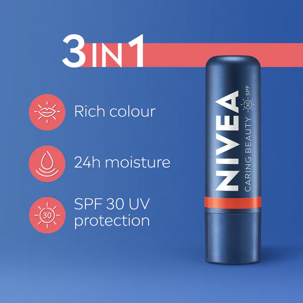 NIVEA Caring Beauty 3v1 balzám na rty a tvářenky Coral 4,8 g