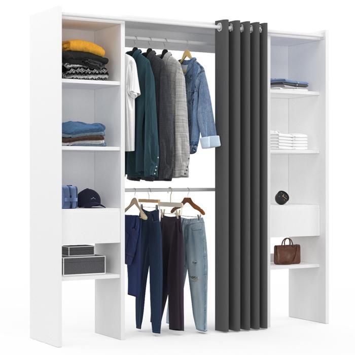 Guarda-roupa duplo extensível IDMARKET MERYL 120/180 x 50 x 180 cm branco com prateleiras + cabideiro duplo + cortina cinza