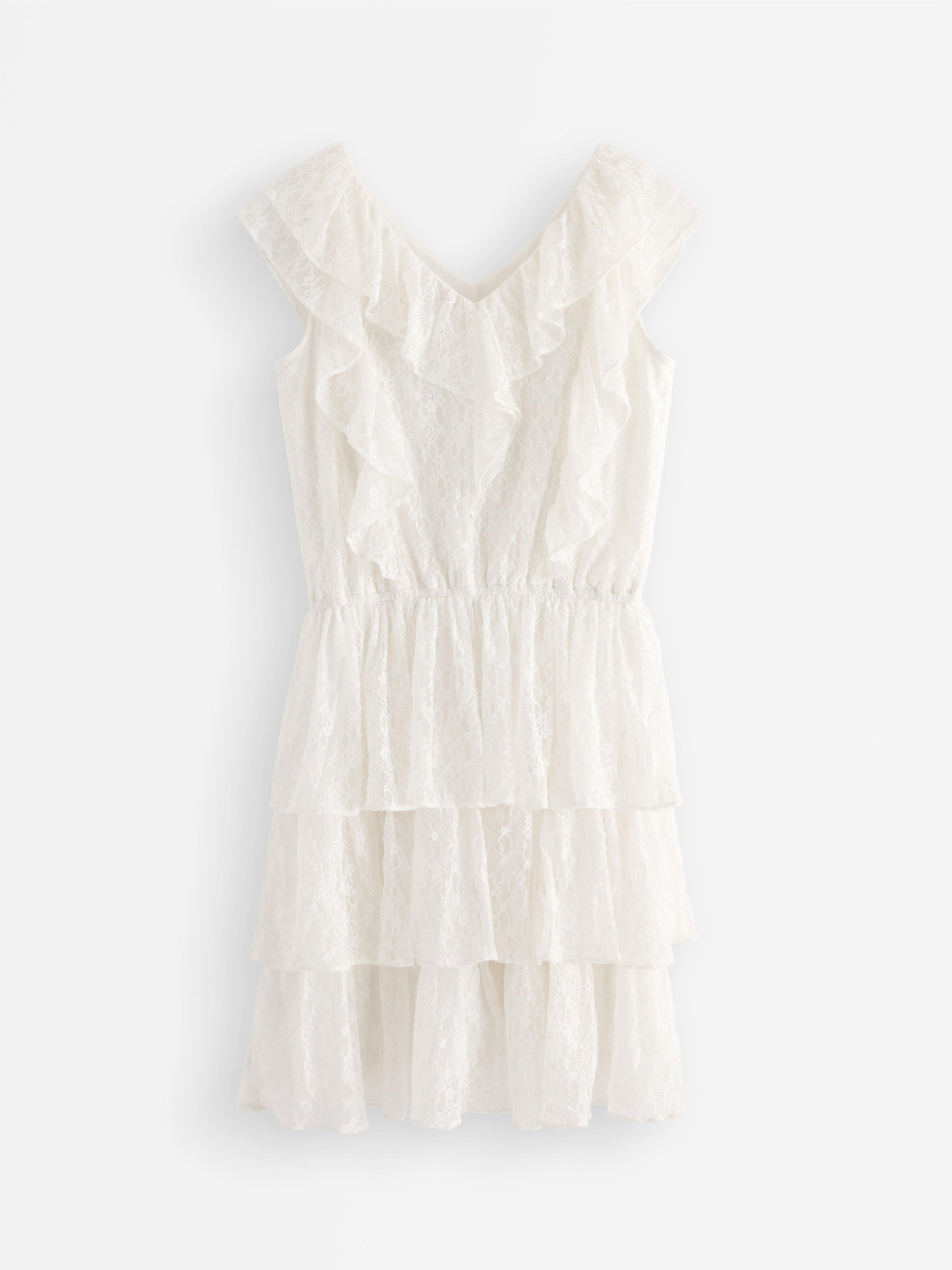 Vestido de renda com babados, cor off-white.