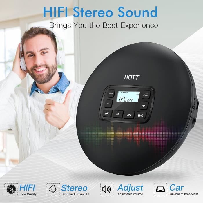 Reproductor de CD portátil HOTT CD204, reproductor de CD personal compacto con pantalla LCD, anti-saltos, antichoque, pequeño reproductor de CD de música Walkman