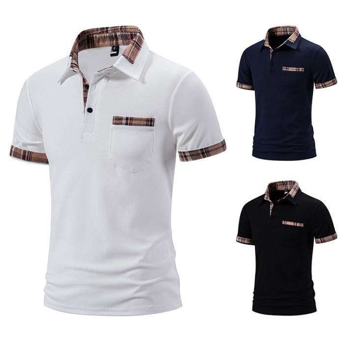 Polo de verano para hombre de color liso a cuadros con bolsillo en el pecho - Azul marino