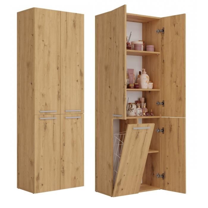 RORY - Armoire de salle de bain avec panier - Dimensions 174x60x30 - Meuble de rangement salle de bain espace buanderie