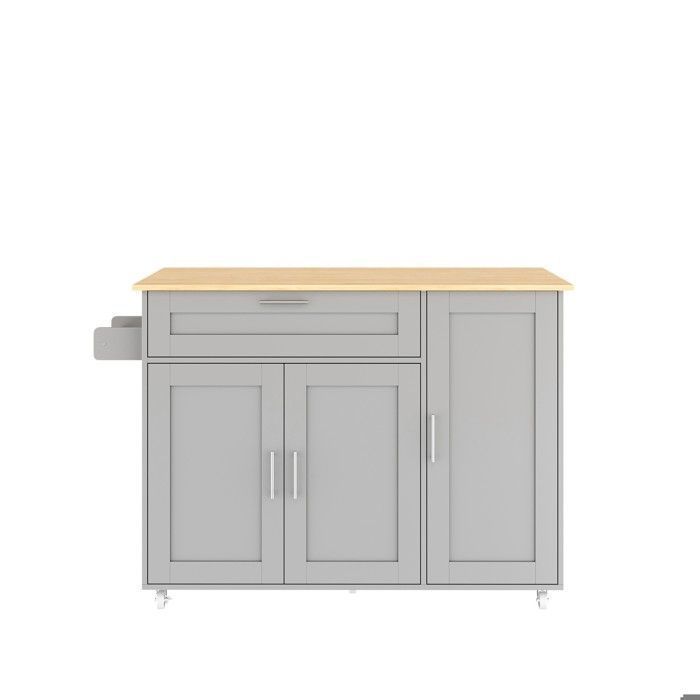 Abrihome Folding Mobile Kitchen Table in Grey Oak, with Spice Rack, Towel Rail and 5 Wheels, 132 x 44 x 90 cm