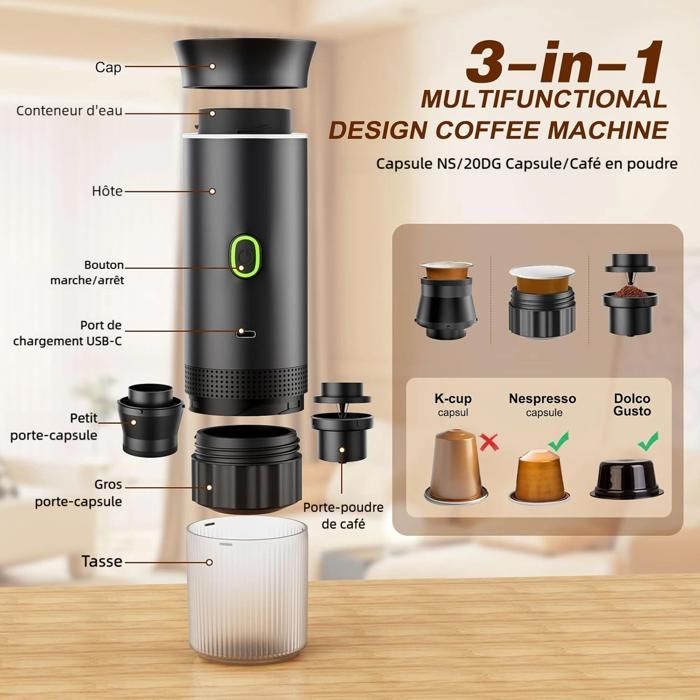Portable Electric Coffee Maker - Espresso Machine - 20 Bar - Rechargeable - Hot and Cold - Black