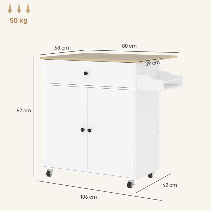 Carrito de cocina con ruedas - HOMCOM - cajón, estante ajustable, especiero y toallero - blanco
