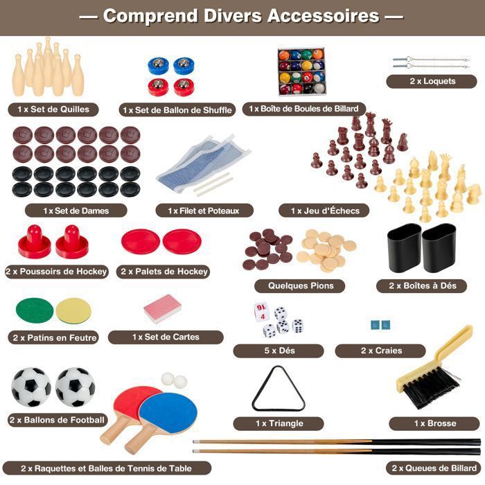 Mesa multijuegos COSTWAY 10 en 1: futbolín, ping-pong, billar y hockey para niños. Medidas: 103 x 58 x 68 cm. Madera. Accesorios completos. Para mayores de 8 años.