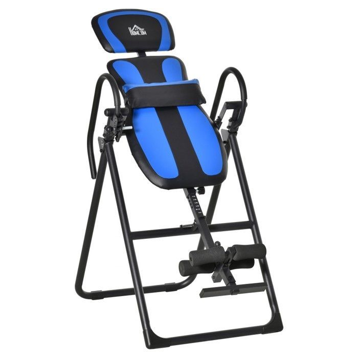Mavetræningsmaskine, 132 cm foldbart inversionsbord - mobile hjul og justerbar ryglæn - slidstærkt metal/ABS - sort/blå - 132x71x45 cm