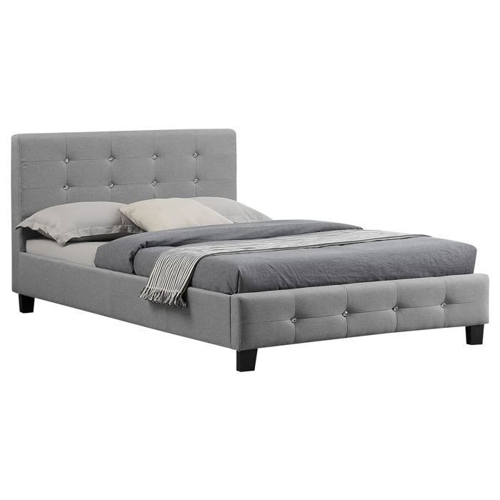 JOLIEN eenpersoonsbed voor volwassenen met lattenbodem van 120x190 cm, geschikt voor 1,5 persoon, hoofd- en voeteneinde bekleed met strass-steentjes, in grijze stof.