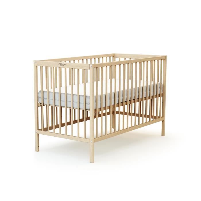 Lit à barreaux en bois brut - FORMULA BABY - 60 x 120 cm - Sommier réglable sur 3 hauteurs