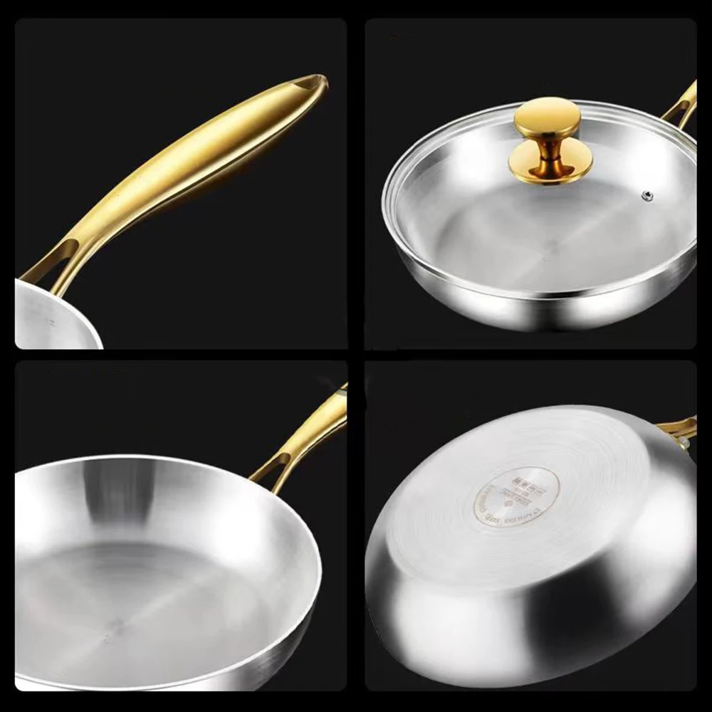 Poêle à frire en acier inoxydable 316, antiadhésive, à fond plat, non revêtue, pour la maison, idéale pour les steaks et les woks, compatible avec les plaques de cuisson à gaz et à induction.