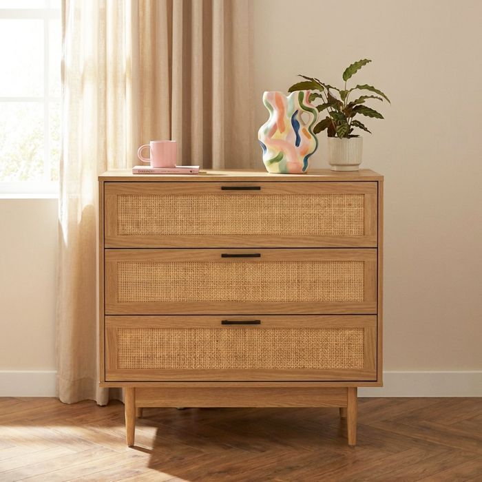 Cómoda AMANA con efecto roble y ratán, 3 cajones, 80 cm - Madera