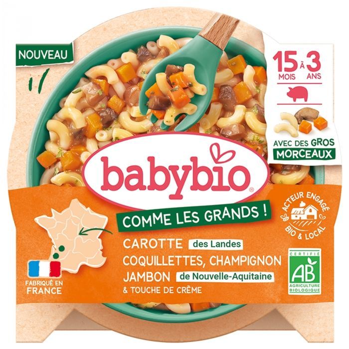 Pasta orgánica Babybio de zanahoria, jamón y champiñones, de 15 meses a 3 años, 200 g
