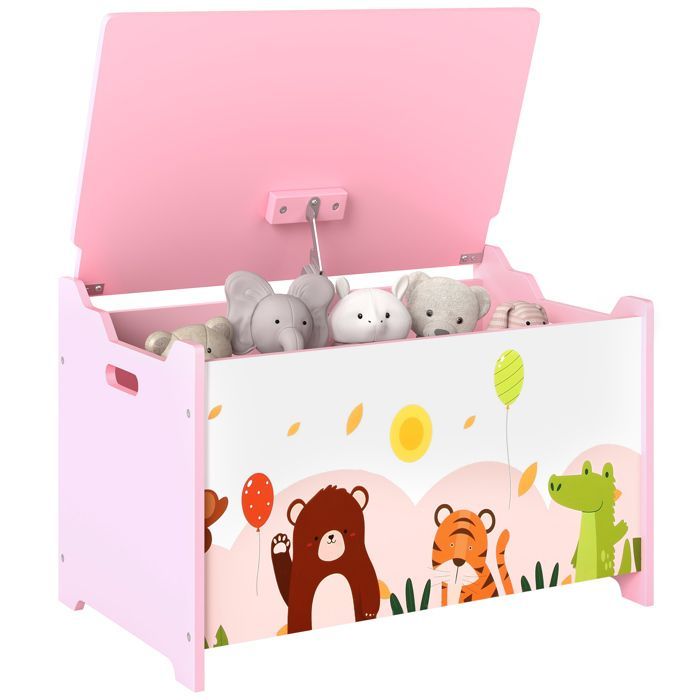 Coffre à jouet enfant - AIYAPLAY - couvercle rabattable, motif animal, charnières de sécurité - MDF - 60 x 37 x 39 cm - rose