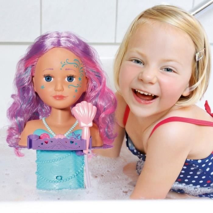 BABY BORN - Tête à coiffer Sirène - 1 Brosse à Cheveux Étoile de Mer, 1 Diadème et Barrettes - Tient sous l'eau - 37cm