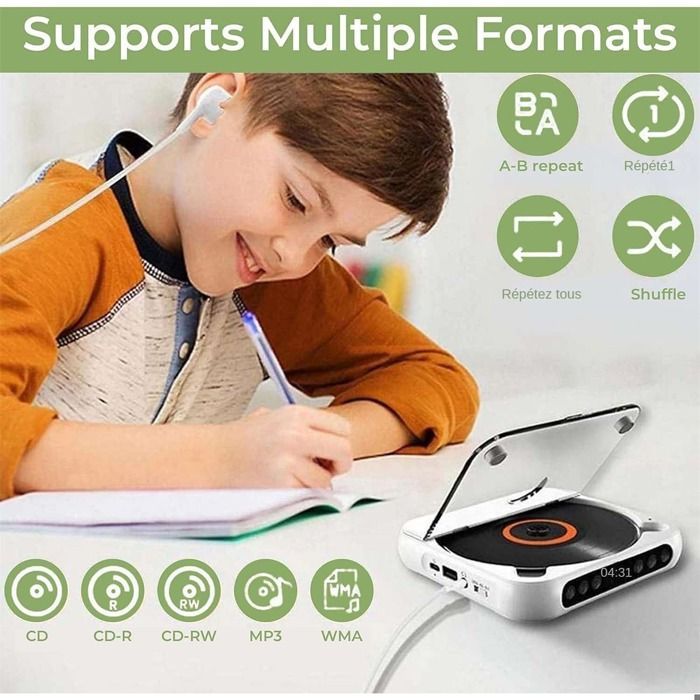 Portable Bluetooth CD Player, USB Type-C Rechargeable with Speaker, MP3/WMA Playback, and LED Screen
