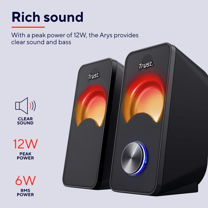 Altavoz para PC Trust Arys 2.0 con iluminación LED, 12 W (6 W RMS), conector de 3,5 mm, altavoz USB.