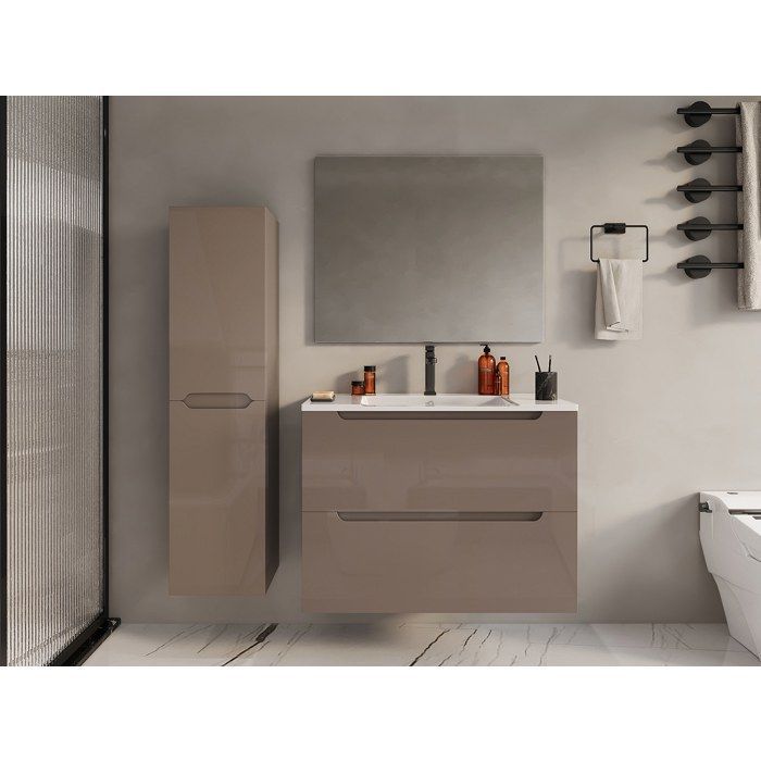 Wall-hung single sink vanity unit with column - Taupe - 80 cm - STEFANIE