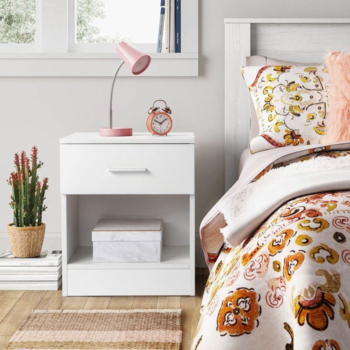 Mesita de noche, cómoda de dormitorio con 1 cajón, apta para salón o dormitorio, 39 x 29 x 41 cm, blanca.