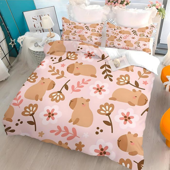 Funda nórdica infantil de 140x200cm con un bonito diseño de capibara, juego de ropa de cama de microfibra con estampado floral de dibujos animados para niñas y niños con fundas de almohada.