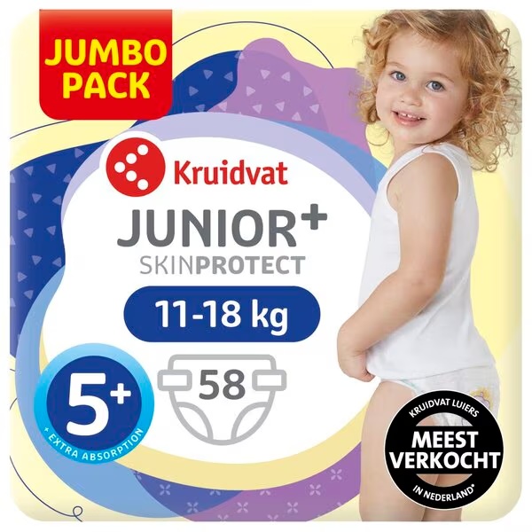 Kruidvat 5+ Junior Plus pelene Jumbo pakiranje veličine 5+ (11-18 kg), 58 komada