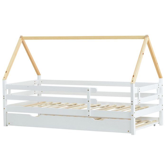 Letto a castello allungabile 90 x 200 cm, letto estraibile per bambini, in legno massello di pino, con rete a doghe inclusa, colore bianco e naturale.
