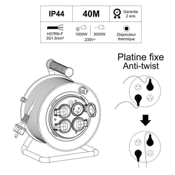 Enrouleur PRO de chantier 3G1.5 40m IP44 platine fixe (anti twist) - câble H07RN-F- 4 prises 16A - garantie 2 ans
