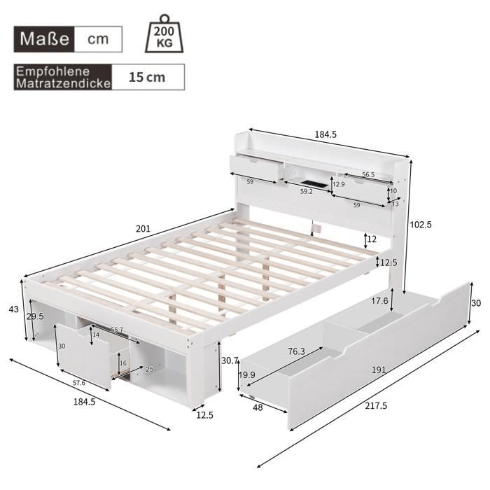 Multifunctioneel grenenhouten bed voor volwassenen (180x200 cm) met USB- en Type-C-poorten, lades en opbergplanken.