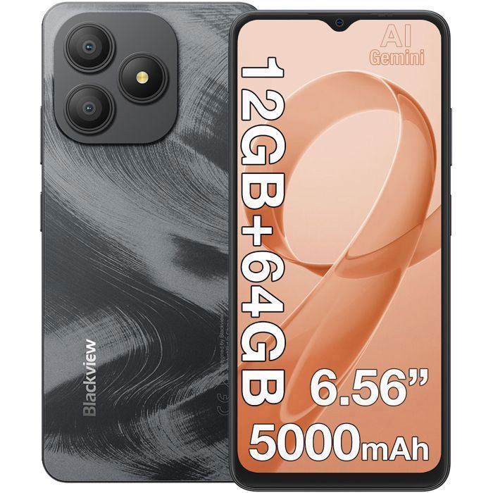 BLACKVIEW WAVE 9C Smartphone 6,56 inch 12 GB + 64 GB/tot 2 TB 5000 mAh 13 MP AI-camera 4G Dual SIM GPS-telefoon - Zwart