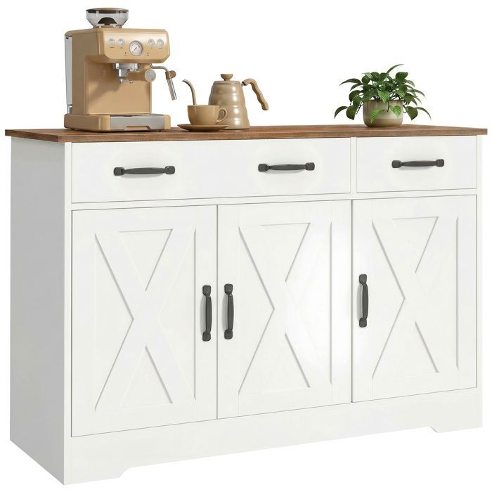 Aparador de cocina - HOMCOM - 3 puertas correderas y 2 cajones - Soporte para TV de hasta 50 pulgadas - Madera - 108x40x81cm - Blanco