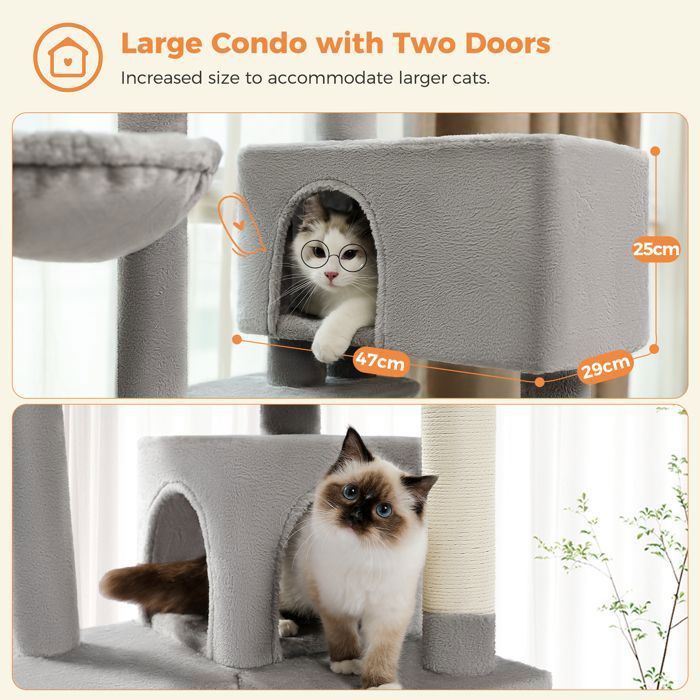 PAWZ Road Arbre à Chat xl Coussin Amovible, Poteau Griffoir, Condo double large pour les gros chats, 143cm Gris