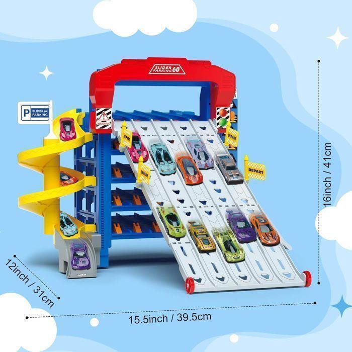 Parking à Toboggans VATOS avec 10 Voitures - Jouet Enfant véhicule de course pour 2-4 joueurs - Cadeau enfant 3+ans