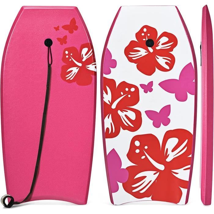 GYMAX Heavy-Duty Surfboard made of XPE & HDPE, 106×51×6CM, 85KG Load Capacity, with 90CM Strap, Exquisite Flower Pattern Design, Pink